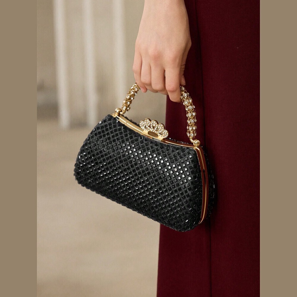 Black Rhinestone Mesh Evening Bag with Crystal Top Handle